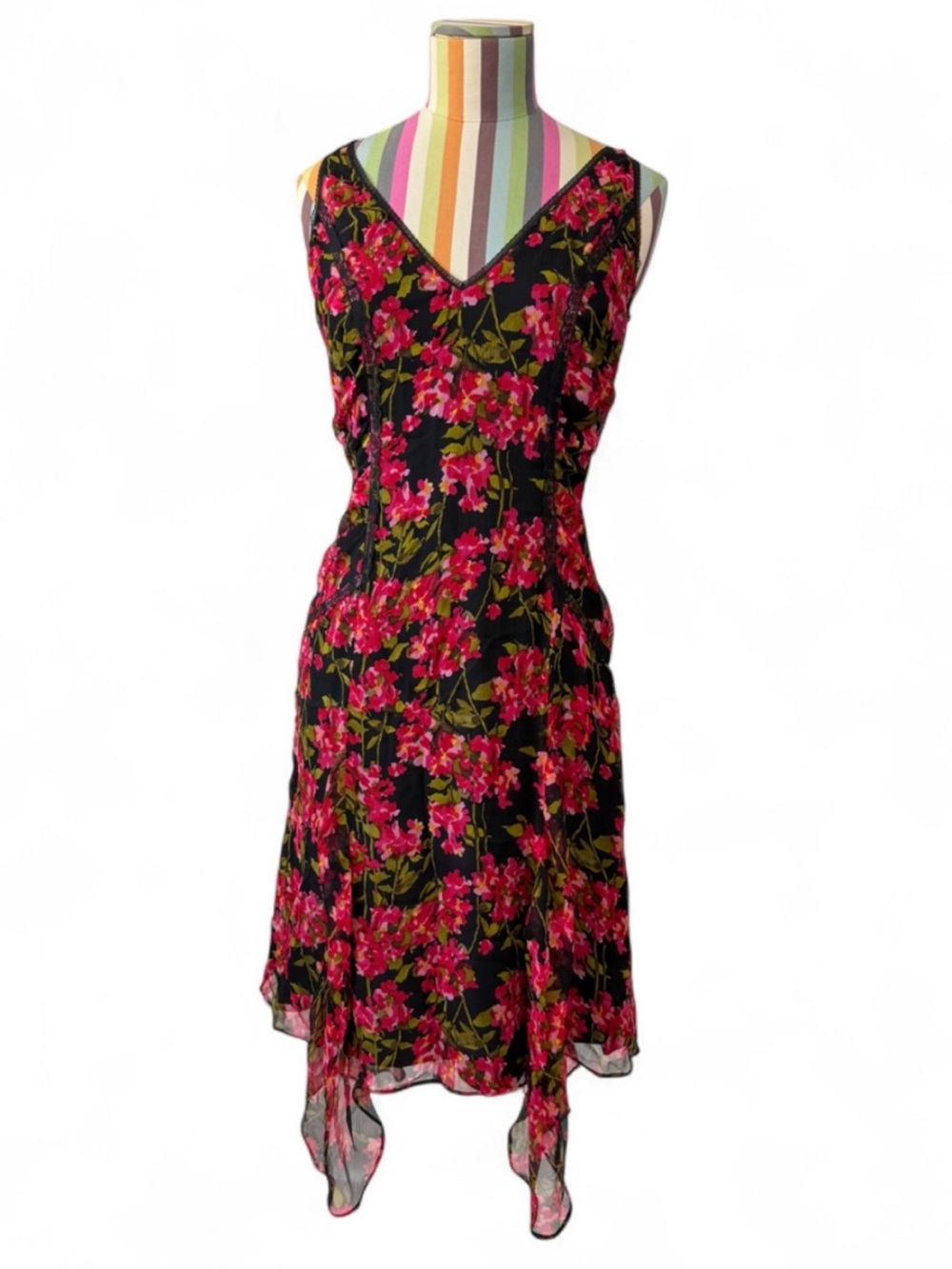 Beth Bowley 100% Silk Floral Ruched Side Lace Trim Asymmetrical Hem Dress